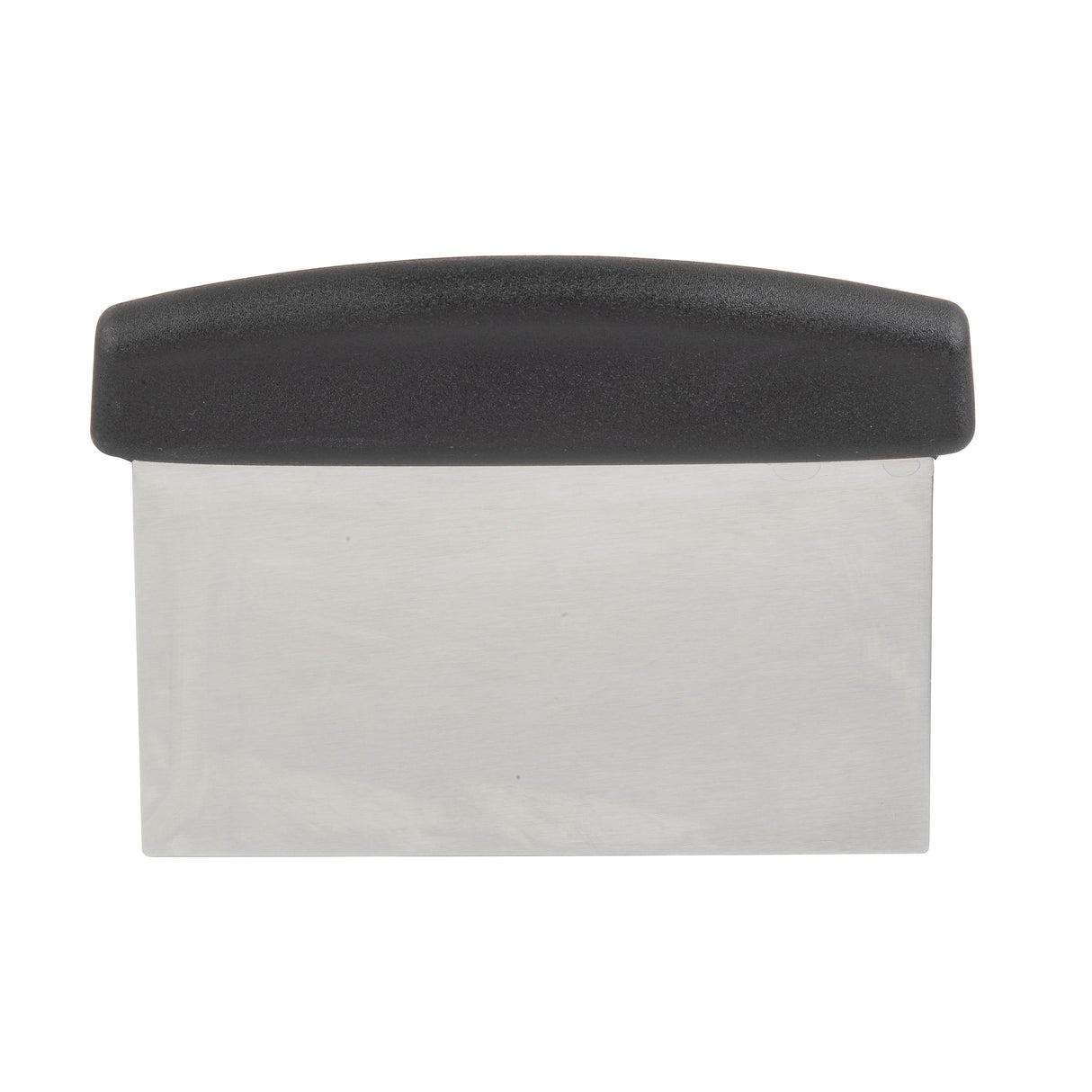 A stainless steel dough scraper featuring a flat rectangular blade and a curved black plastic handle on top. Ideal for cutting or scraping dough, this dishwasher safe tool is photographed against a white background.