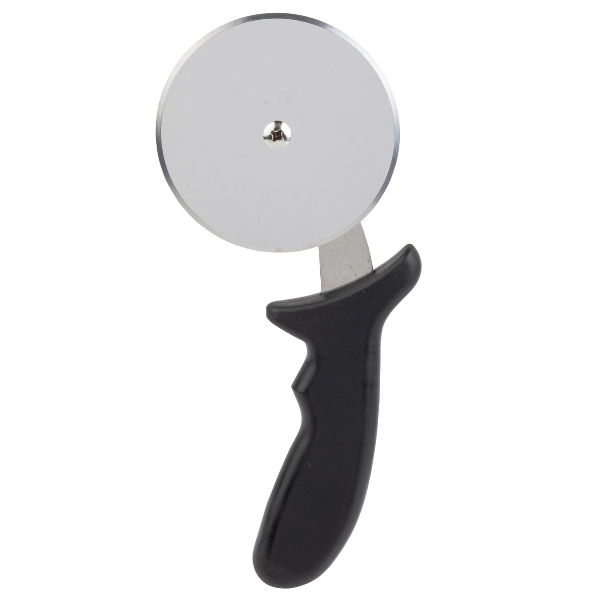 A stainless steel pizza cutter with a round, silver blade and a black, ergonomically shaped plastic handle, isolated on a white background. This pizza wheel is dishwasher safe and mounted on a short metal arm attached to the handle.