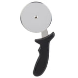 A stainless steel pizza cutter with a round, silver blade and a black, ergonomically shaped plastic handle, isolated on a white background. This pizza wheel is dishwasher safe and mounted on a short metal arm attached to the handle.