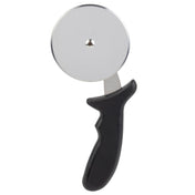A stainless steel pizza cutter with a round, silver blade and a black, ergonomically shaped plastic handle, isolated on a white background. This pizza wheel is dishwasher safe and mounted on a short metal arm attached to the handle.