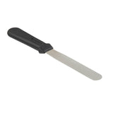 A stainless steel icing spatula with a flat, rounded blade and a black plastic handle. The spatula is angled slightly upward for easy spreading of icing or frosting on cakes and pastries. Dishwasher safe. The background is plain white.