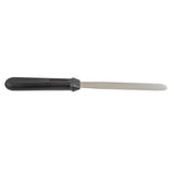 A stainless steel icing spatula with a long, narrow, flat blade and rounded tip, featuring a black plastic handle. Dishwasher safe and ideal for spreading or icing cakes. The background is plain white.