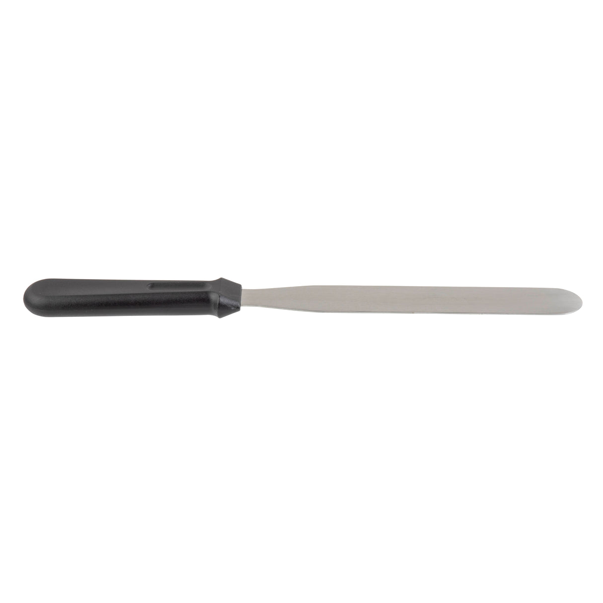 A stainless steel icing spatula with a long, narrow, flat blade and a black plastic handle, shown against a white background. The straight blade with rounded edges is dishwasher safe and perfect for frosting cakes or spreading ingredients.
