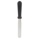 A stainless steel icing spatula with a straight, flat silver blade and black plastic handle. The smooth, rounded blade is ideal for spreading frosting on baked goods. Dishwasher safe and shown on a plain white background.