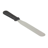 A stainless steel icing spatula with a long, narrow, rounded blade and black plastic handle. Perfect for spreading or smoothing cake icing, its angled handle offers comfort, and it’s dishwasher safe for easy cleanup.