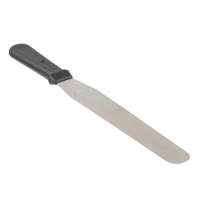 A metal icing spatula with a black plastic handle and a long, flat, rounded stainless steel blade. Designed for spreading or smoothing frosting on cakes or cupcakes, this utensil is dishwasher safe. The background is plain white.