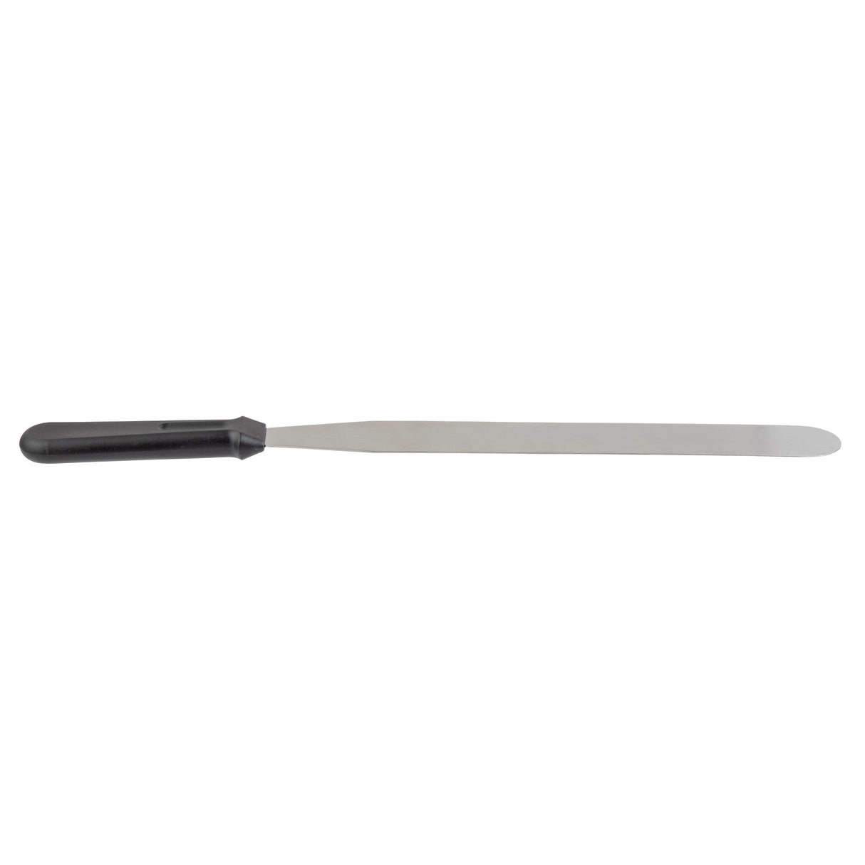 A long, flat stainless steel icing spatula with a rounded tip and black plastic handle. The straight, flexible blade is perfect for icing cakes or spreading ingredients in baking. Simple and utilitarian, it’s also dishwasher safe for easy cleanup.