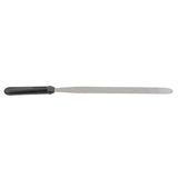 A long, flat stainless steel icing spatula with a rounded tip and black plastic handle. The straight, flexible blade is perfect for icing cakes or spreading ingredients in baking. Simple and utilitarian, it’s also dishwasher safe for easy cleanup.