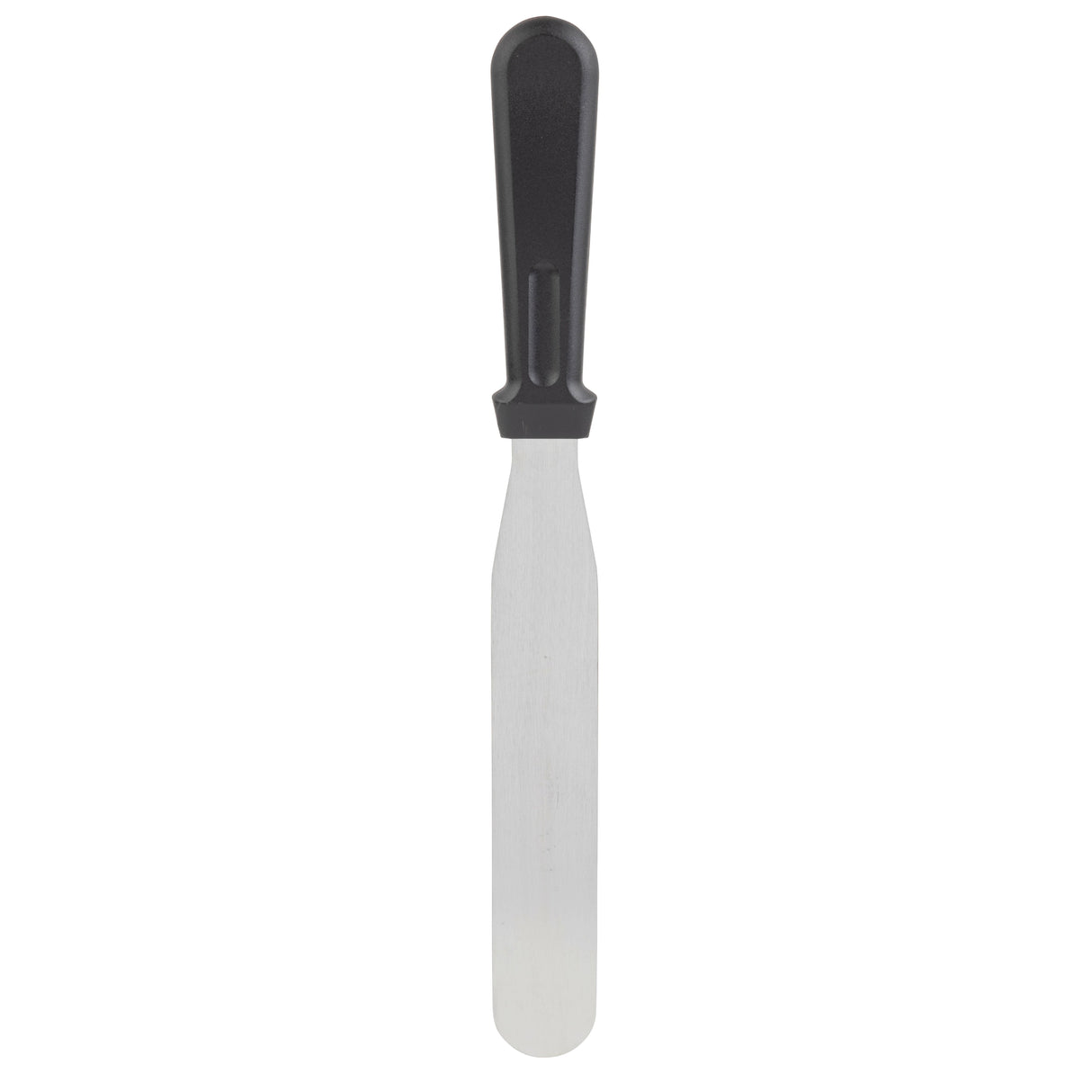 A stainless steel icing spatula with a black plastic handle and a long, narrow, flat, rounded blade is shown vertically on a plain white background. This durable tool is dishwasher safe for easy cleaning.