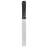 A stainless steel icing spatula with a black plastic handle and a long, narrow, flat, rounded blade is shown vertically on a plain white background. This durable tool is dishwasher safe for easy cleaning.