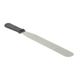 A stainless steel icing spatula with a long, flat, rounded blade and an ergonomic black handle, photographed on a white background. The thin, flexible blade is ideal for spreading frosting or smoothing batter and is dishwasher safe for easy cleaning.