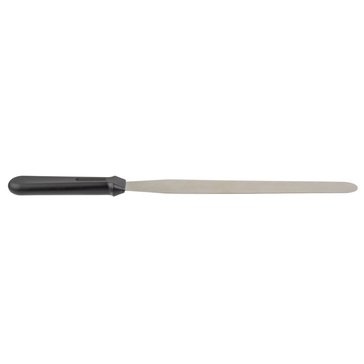 A long, narrow stainless steel icing spatula with a straight, flat blade and black plastic handle, ideal for spreading icing or smoothing foods. Dishwasher safe. Photographed on a white background.