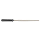 A long, narrow stainless steel icing spatula with a straight, flat blade and black plastic handle, ideal for spreading icing or smoothing foods. Dishwasher safe. Photographed on a white background.