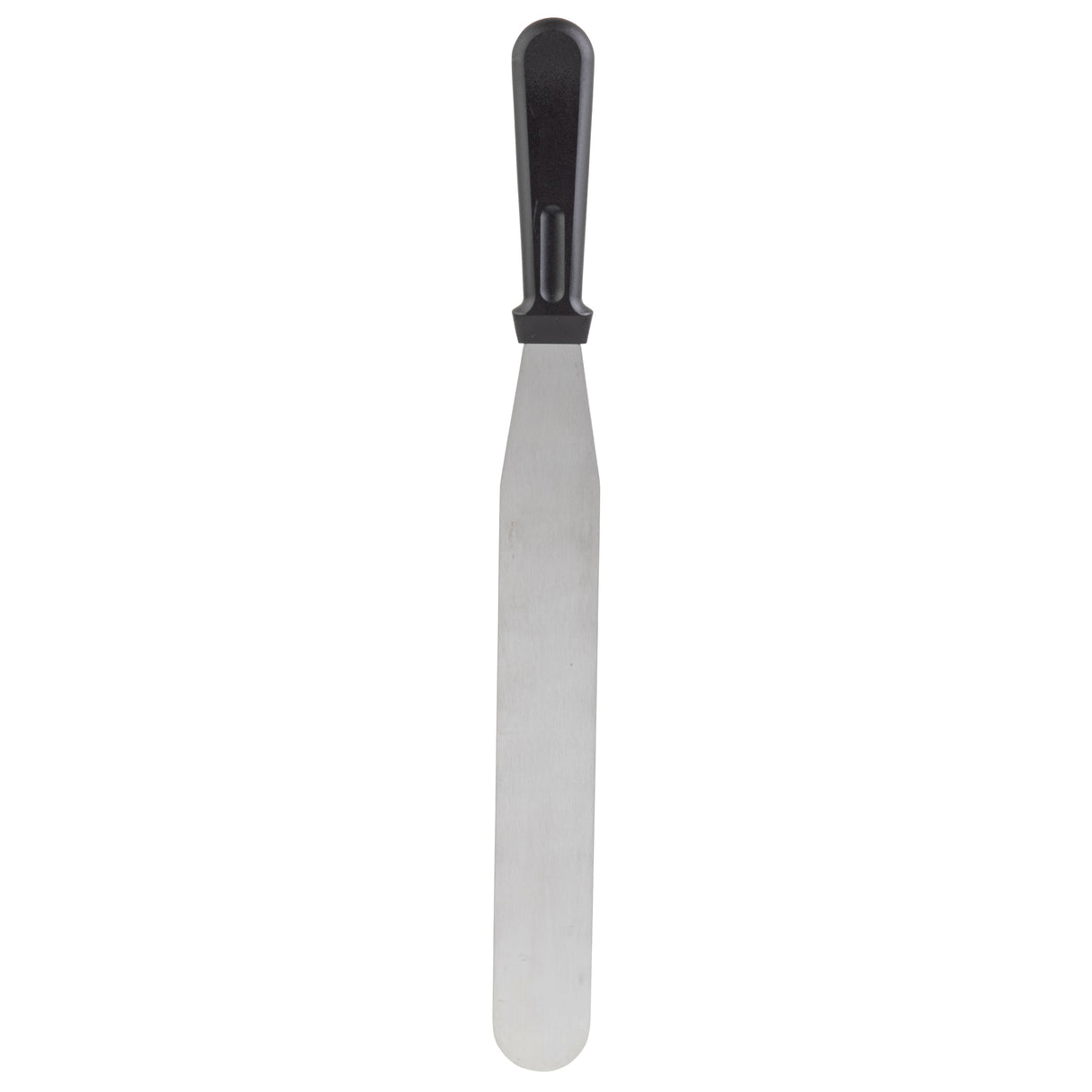 A stainless steel icing spatula with a long, flat rectangular blade and a black plastic handle. The rounded tip is ideal for spreading or smoothing, and the spatula is dishwasher safe for easy cleanup—perfect for baking or cake decorating.