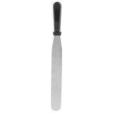 A stainless steel icing spatula with a long, flat rectangular blade and a black plastic handle. The rounded tip is ideal for spreading or smoothing, and the spatula is dishwasher safe for easy cleanup—perfect for baking or cake decorating.