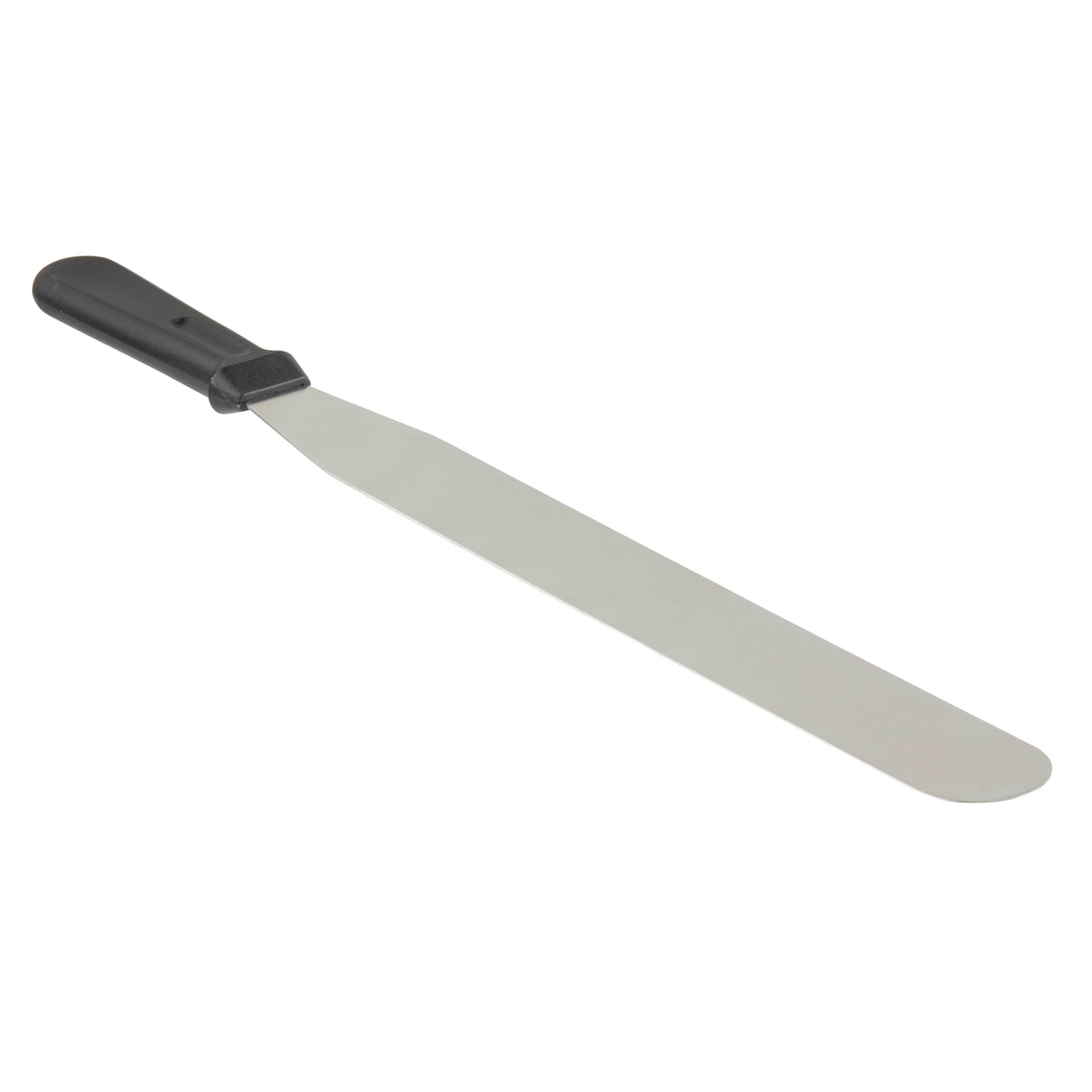 A stainless steel icing spatula with a long, flat, rounded blade and black plastic handle is shown on a white background. This handy tool is dishwasher safe and perfect for spreading icing or frosting on cakes and other baked goods.