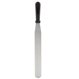 A stainless steel icing spatula with a long, narrow blade and a black plastic handle, ideal for spreading frosting or smoothing cake surfaces. The flat, rounded tip is both efficient and dishwasher safe. Shown against a white background.