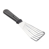 A stainless steel Fish Turner with a black plastic handle and thin, slotted blade is designed for flipping delicate foods. Featuring angled, flexible tines and a slight curve, this lightweight utensil is also dishwasher safe. Set against a white background.