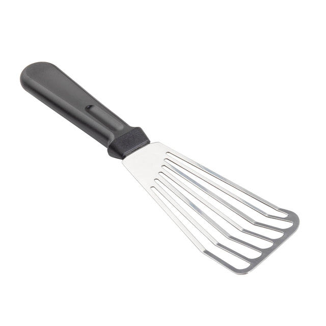 A stainless steel Fish Turner with a black plastic handle and thin, slotted blade is designed for flipping delicate foods. Featuring angled, flexible tines and a slight curve, this lightweight utensil is also dishwasher safe. Set against a white background.