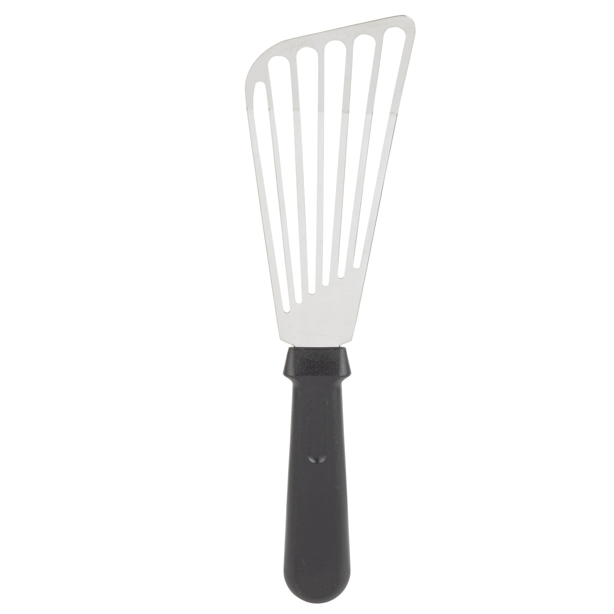 A stainless steel Fish Turner with a thin, slotted, and slightly curved blade and a black plastic handle, photographed on a white background. The flexible blade is dishwasher safe and perfect for lifting delicate foods like fish.