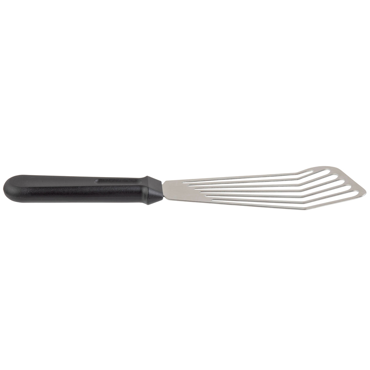 A stainless steel Fish Turner with a slotted, angled blade and black plastic handle is shown against a white background. Its thin, flexible blade easily drains liquids—ideal for flipping or serving food. Dishwasher safe for easy cleaning.