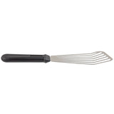 A stainless steel Fish Turner with a slotted, angled blade and black plastic handle is shown against a white background. Its thin, flexible blade easily drains liquids—ideal for flipping or serving food. Dishwasher safe for easy cleaning.