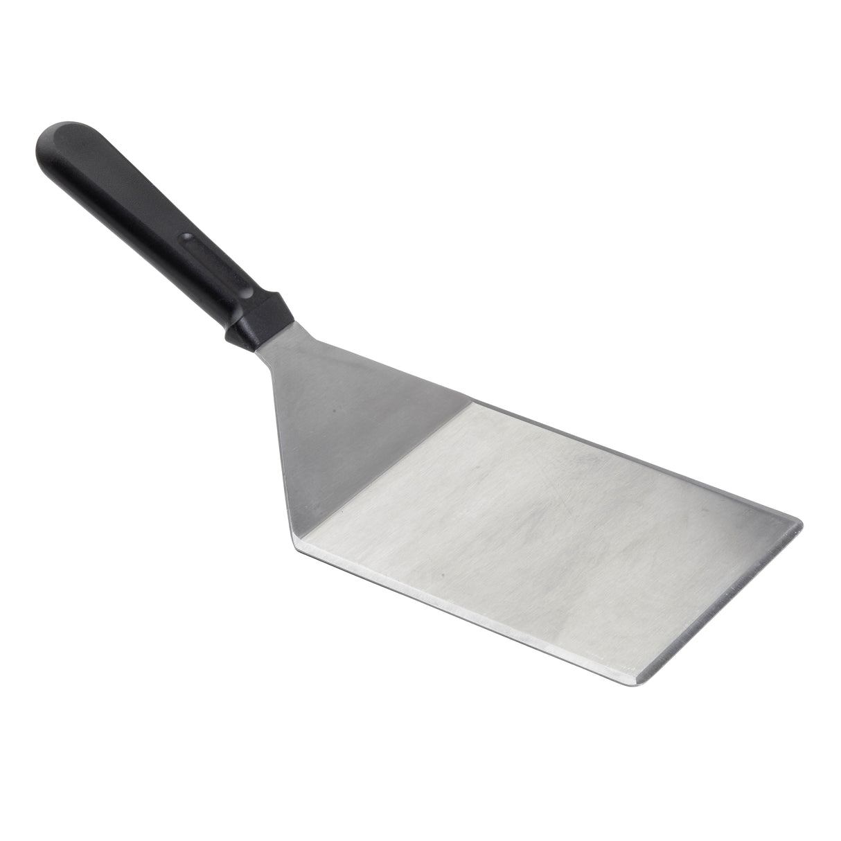 A Heavy Turner metal spatula with a flat, wide stainless steel blade and a black plastic handle. The shiny blade has a slight angle for easy flipping or lifting food. Dishwasher safe and set against a plain white background.