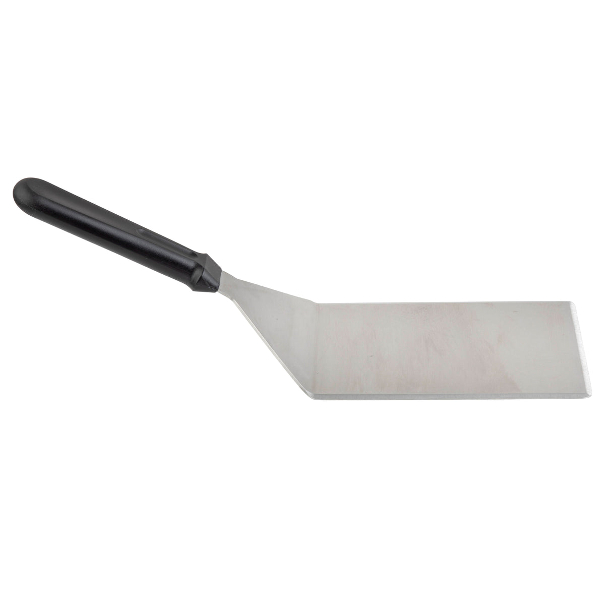 A stainless steel Heavy Turner with a rectangular, flat blade and a black handle is shown against a white background. The shiny blade is slightly angled near the handle for easy lifting and flipping. It is also dishwasher safe for convenient cleaning.