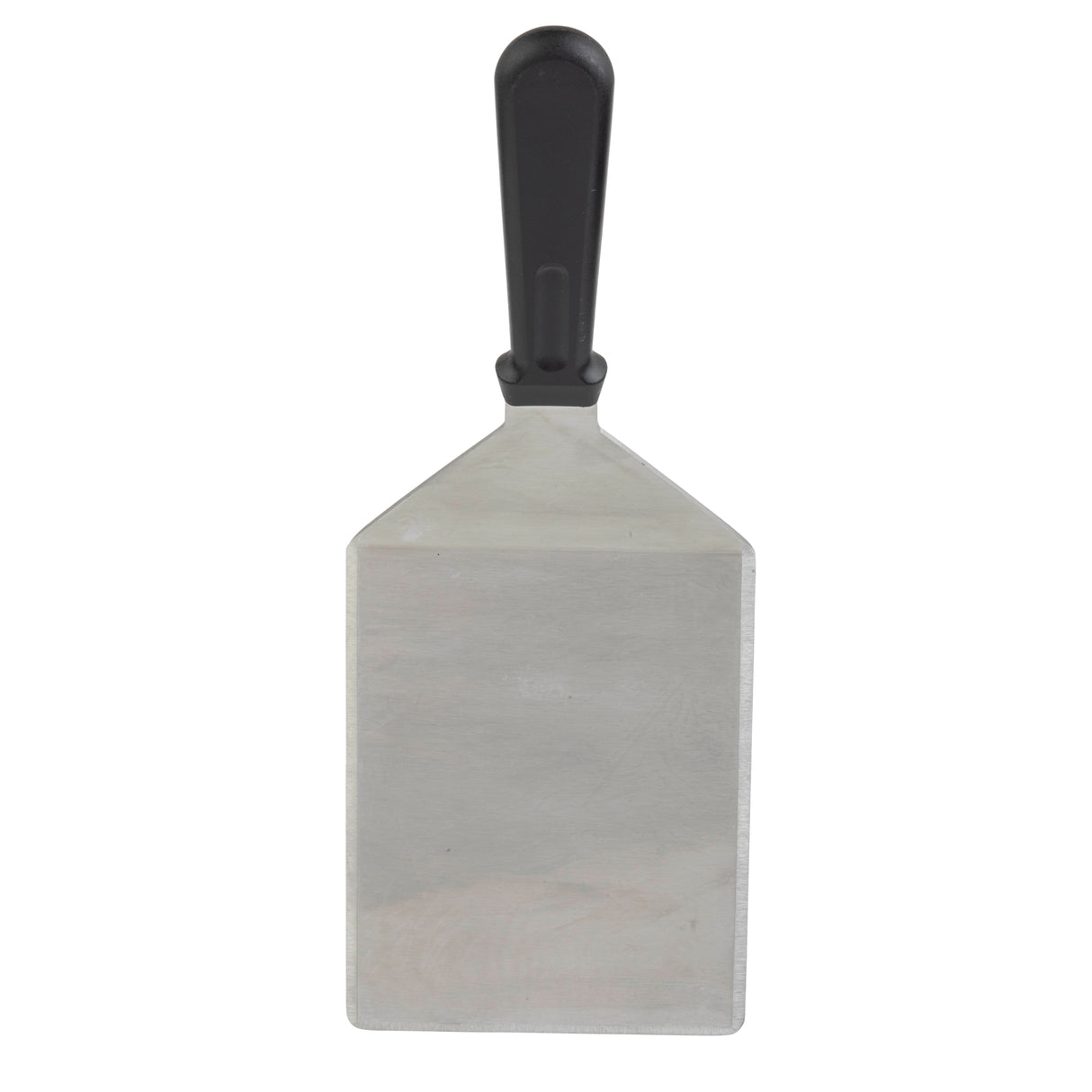 A heavy turner with a wide, rectangular stainless steel blade and a black plastic handle, shown vertically on a plain white background. This spatula is durable and dishwasher safe for easy cleaning.