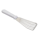 A Fish Turner with a white plastic handle and a flat, slotted stainless steel blade, designed for lifting or turning food. The wide-tipped blade features parallel slots and is dishwasher safe for easy cleaning.