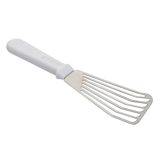 A Fish Turner with a white plastic handle and a flat, slotted stainless steel blade, designed for lifting or turning food. The wide-tipped blade features parallel slots and is dishwasher safe for easy cleaning.