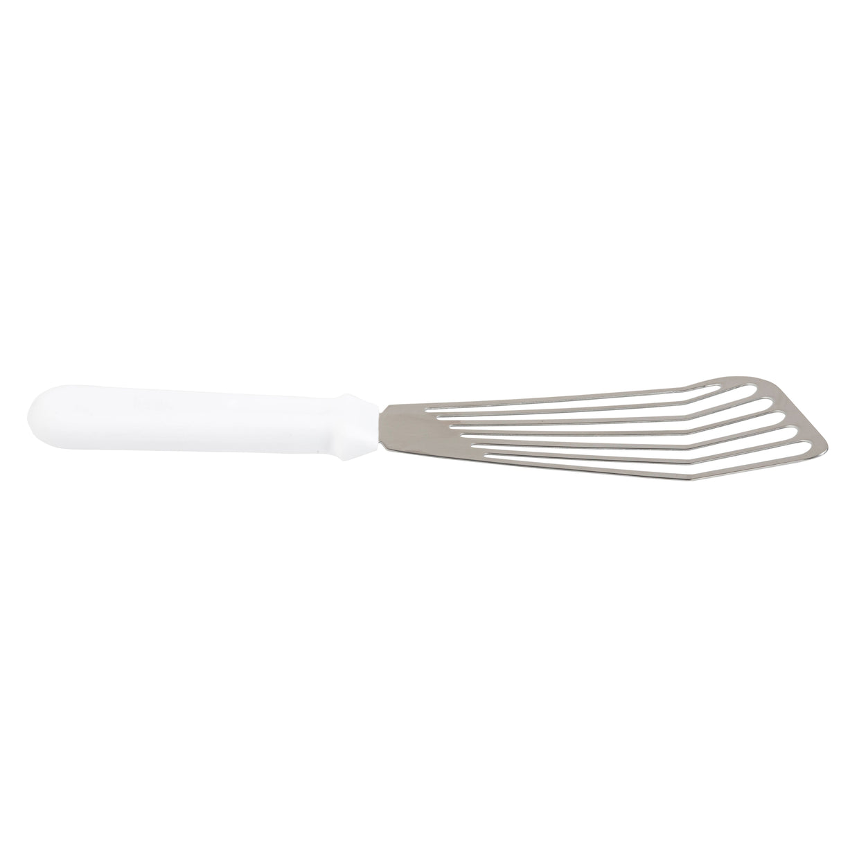 A Fish Turner with a slotted, angled stainless steel blade and a white plastic handle. The thin, slightly curved blade is perfect for lifting or flipping food like fish or pancakes. The ergonomic handle ensures comfort and it's dishwasher safe for easy cleaning.
