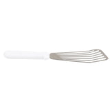 A Fish Turner with a slotted, angled stainless steel blade and a white plastic handle. The thin, slightly curved blade is perfect for lifting or flipping food like fish or pancakes. The ergonomic handle ensures comfort and it's dishwasher safe for easy cleaning.