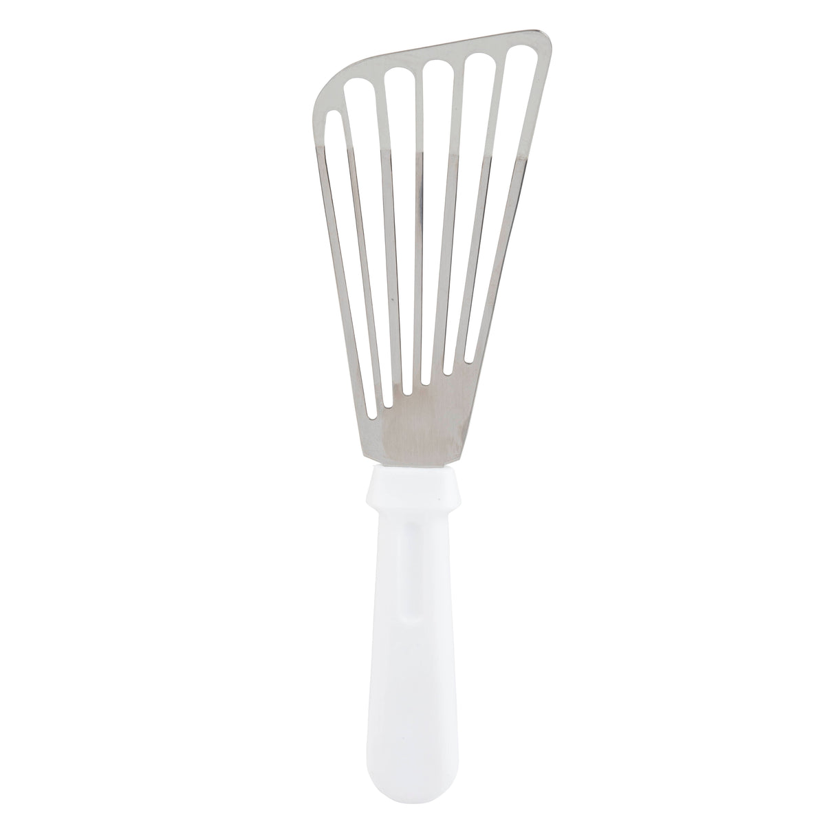 A stainless steel Fish Turner with a slotted, angled blade and a white plastic handle. Its wide slots help drain liquids, while the tapered edge slides easily under delicate foods. Dishwasher safe for easy cleanup. Plain white background.