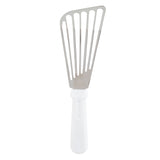 A stainless steel Fish Turner with a slotted, angled blade and a white plastic handle. Its wide slots help drain liquids, while the tapered edge slides easily under delicate foods. Dishwasher safe for easy cleanup. Plain white background.