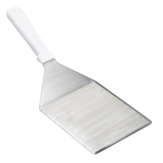 A wide, flat Heavy Turner spatula with a white plastic handle. The stainless steel rectangular blade with slightly tapered sides is perfect for flipping or serving food. Its smooth, rounded handle is securely attached and dishwasher safe for easy cleaning.