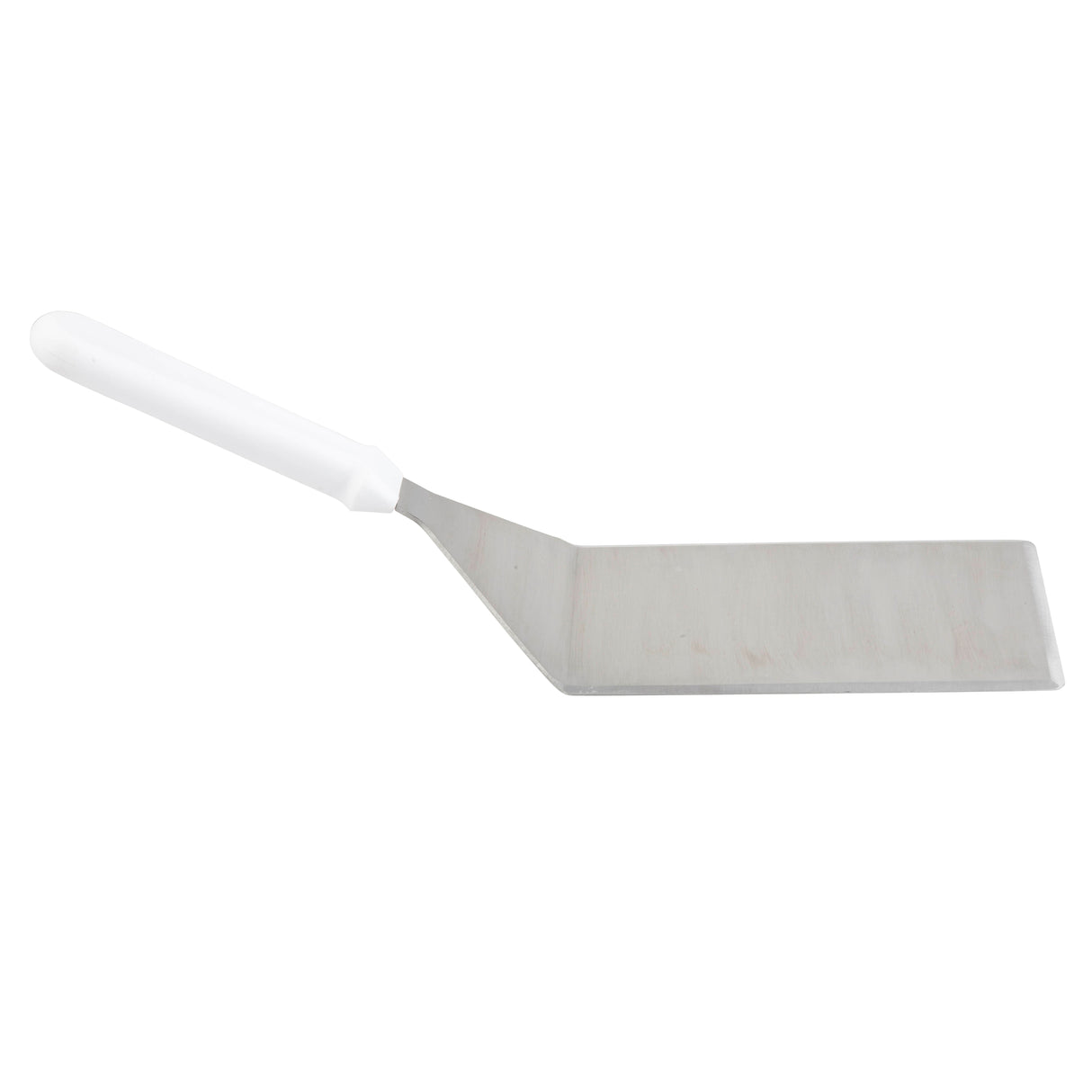 A Heavy Turner metal spatula with a wide, flat, rectangular stainless steel blade and a straight, white handle. The slightly tilted blade is designed for lifting or flipping food while cooking. Photographed on a plain white background.