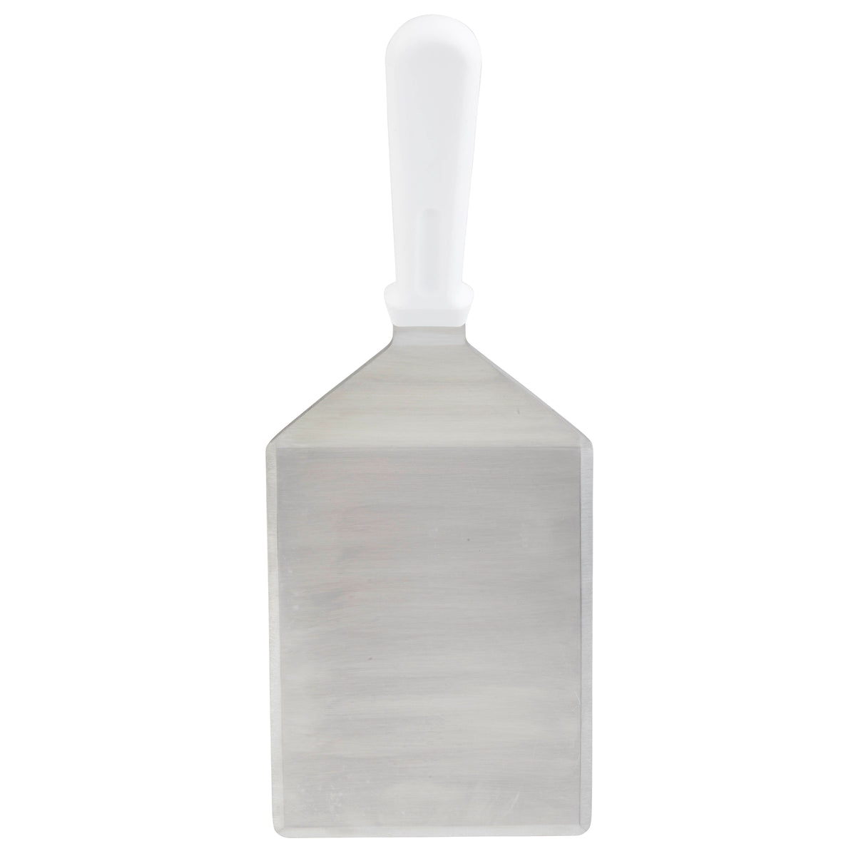 A Heavy Turner with a wide, rectangular stainless steel blade and straight edge. The white plastic handle offers a firm grip. Dishwasher safe, the spatula is shown vertically against a plain white background with the handle at the top.