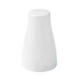 A simple, white, ceramic salt shaker with a smooth, glossy finish. Part of a classic Salt & Pepper Shaker Set, it features a slightly flared base and narrow top with two small holes. The background is plain white.