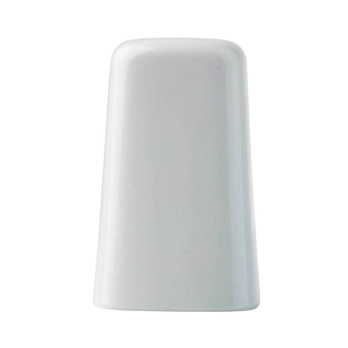 A plain, white, glossy ceramic object with a slightly tapered cylindrical shape and rounded edges, standing upright against a white background. Its smooth surface and minimalistic design resemble those in a TableCraft Salt & Pepper Shaker Set.