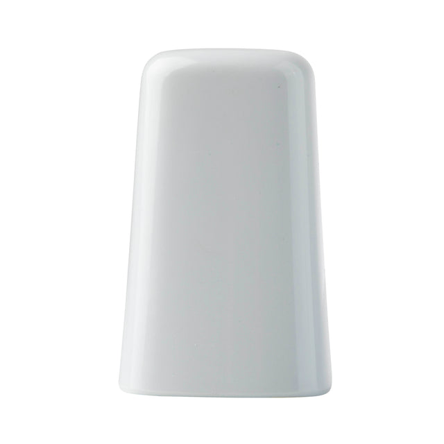 A plain, white, glossy ceramic object with a slightly tapered cylindrical shape and rounded edges, standing upright against a white background. Its smooth surface and minimalistic design resemble those in a TableCraft Salt & Pepper Shaker Set.