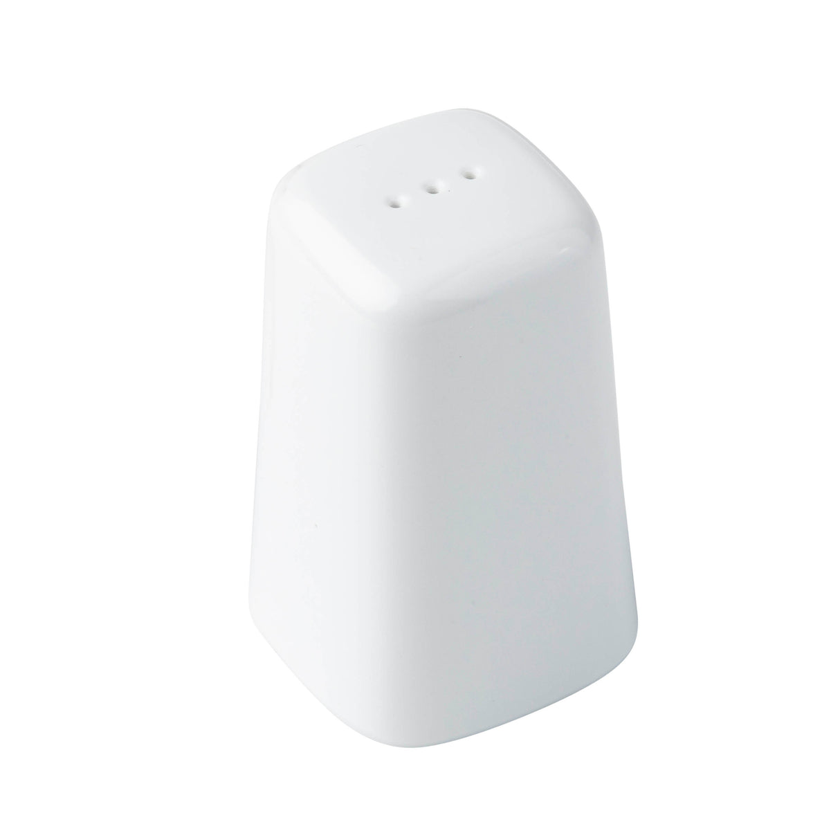 A white, rectangular ceramic salt shaker with smooth edges, three small holes on top, and a minimalist design from TableCraft is shown against a plain white background—a perfect addition to any Salt & Pepper Shaker Set.