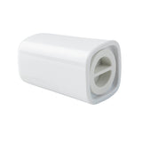 A white, rectangular melamine object lies on its side, with a rounded edge and an open end featuring two circular holes separated by a divider. The glossy surface and minimalist design resemble a TableCraft Salt & Pepper Shaker Set.