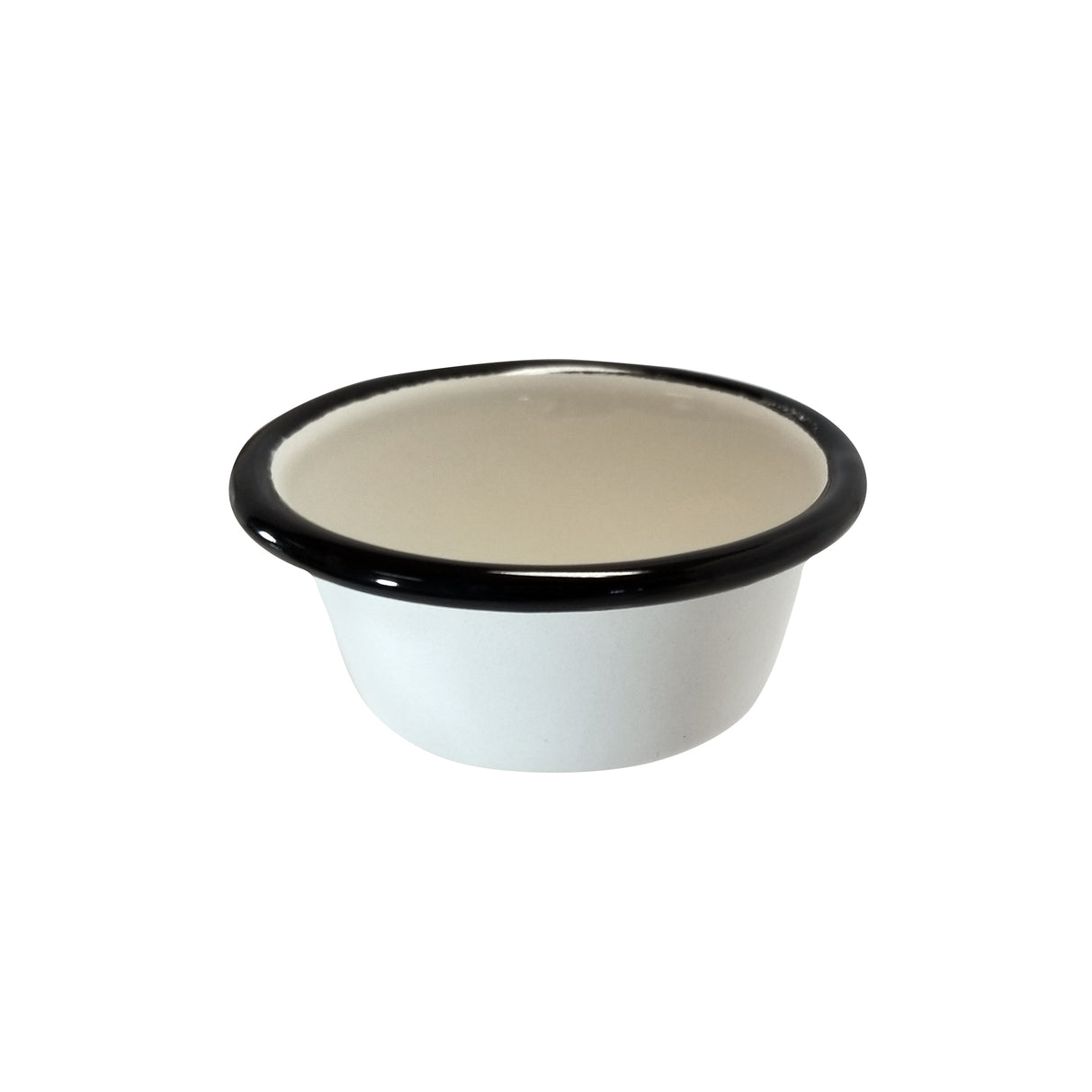 A small, round, white Enamelware ramekin with a wide black rim. The bowl features a smooth, glossy porcelain enamel finish and is set against a plain white background. Its classic TableCraft design suits serving or food preparation.