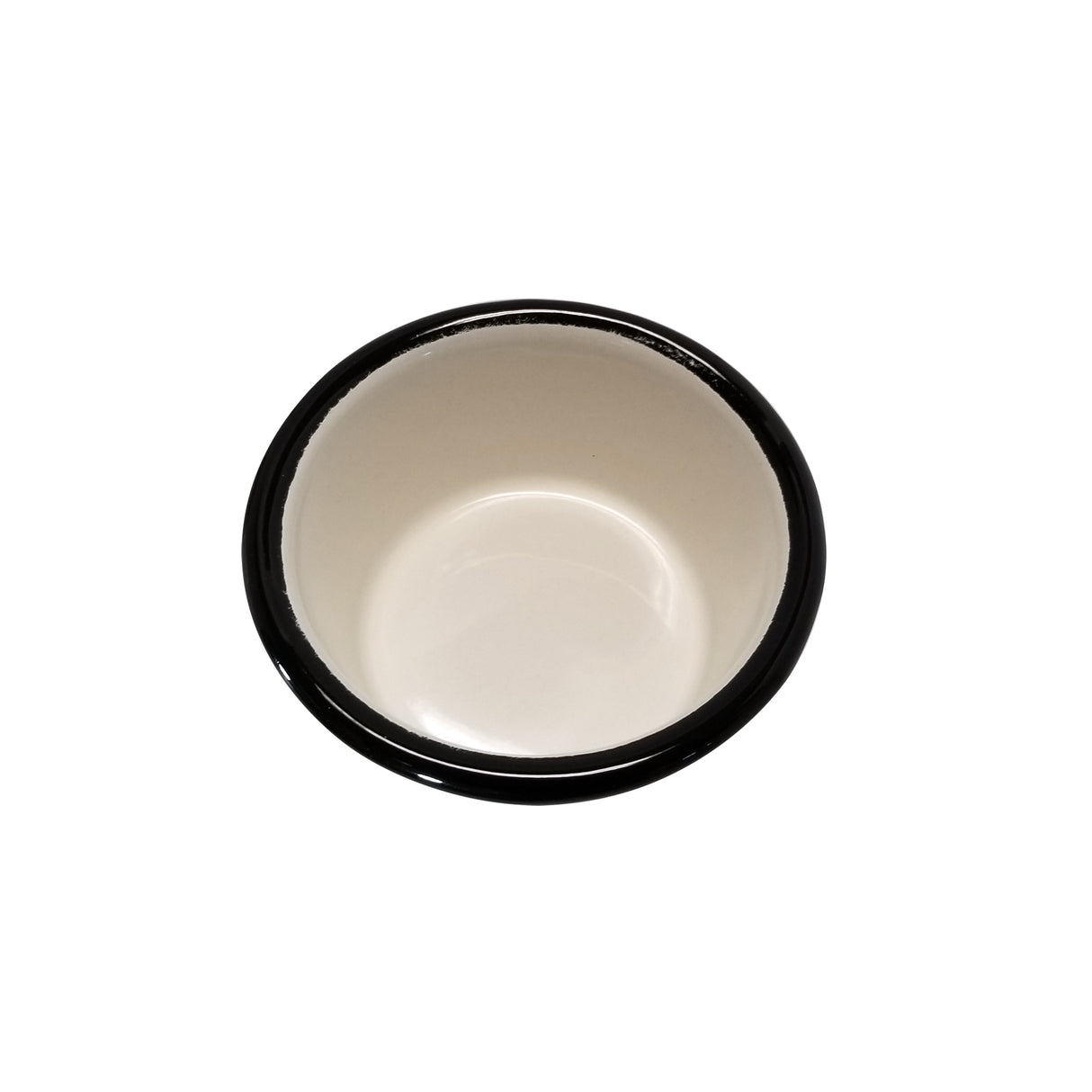 A small, round, empty Enamelware ramekin with a glossy white interior and a thick, black rim, viewed from directly above on a plain white background.