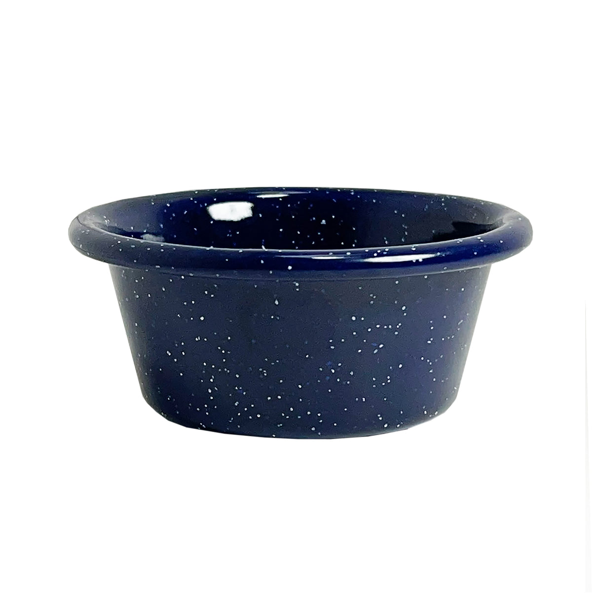 A small, round, deep blue Enamelware Ramekin with a wide rim and white speckles throughout. This 3 oz bowl is empty and sits against a plain white background.