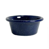 A small, round, deep blue Enamelware Ramekin with a wide rim and white speckles throughout. This 3 oz bowl is empty and sits against a plain white background.