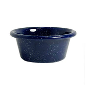 A small, round, deep blue Enamelware Ramekin with a wide rim and white speckles throughout. This 3 oz bowl is empty and sits against a plain white background.