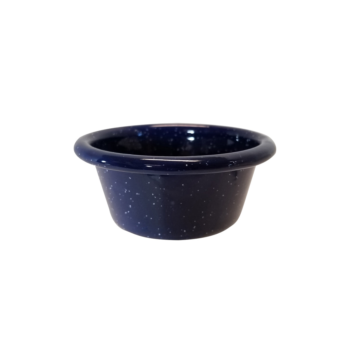 A small, round, dark blue Enamelware Ramekin bowl with a glossy porcelain enamel finish and white speckles. The 3 oz bowl features a wide, slightly flared rim and smooth, curved surface, centered on a white background.