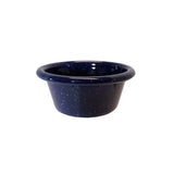 A small, round, dark blue Enamelware Ramekin bowl with a glossy porcelain enamel finish and white speckles. The 3 oz bowl features a wide, slightly flared rim and smooth, curved surface, centered on a white background.